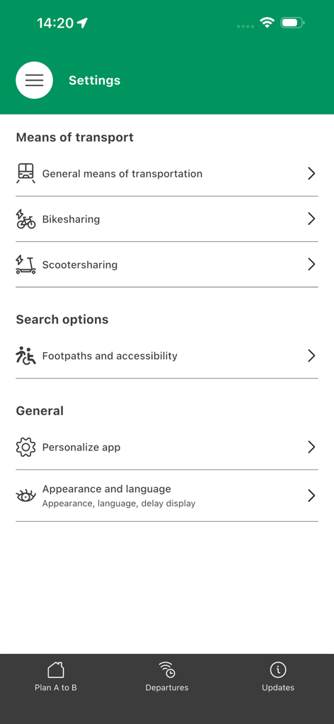 Settings screen for transport modes and accessibility options in the Traveline South West app