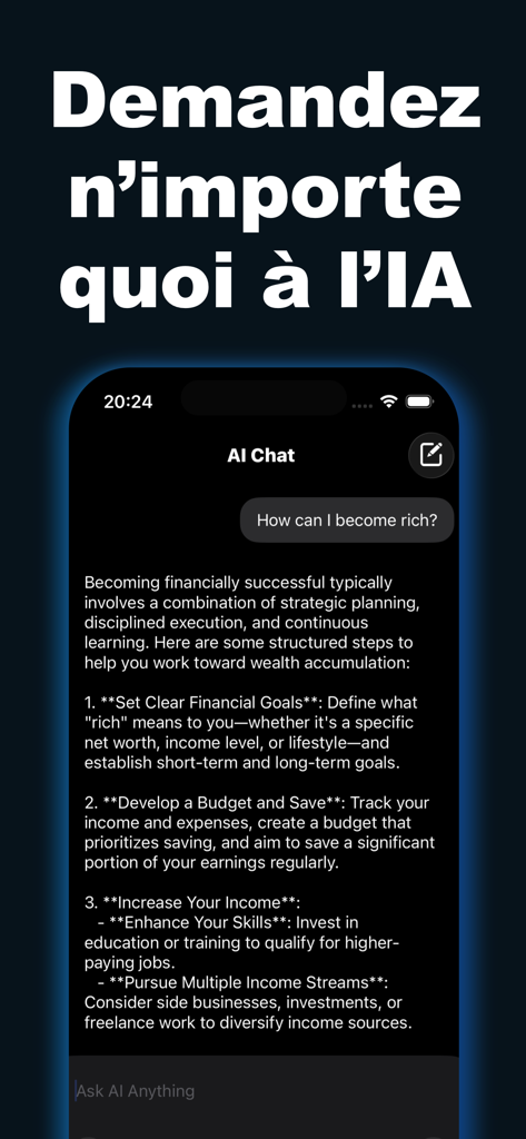 AIChatUltraアプリインターフェース、財務アドバイスを提供するAIアシスタントとのチャット会話を表示