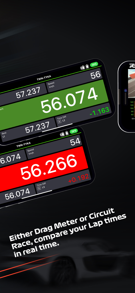 QRacing - Interfaz de comparación de tiempos de vuelta en tiempo real en la aplicación QRacing que muestra indicadores de rendimiento en verde y rojo