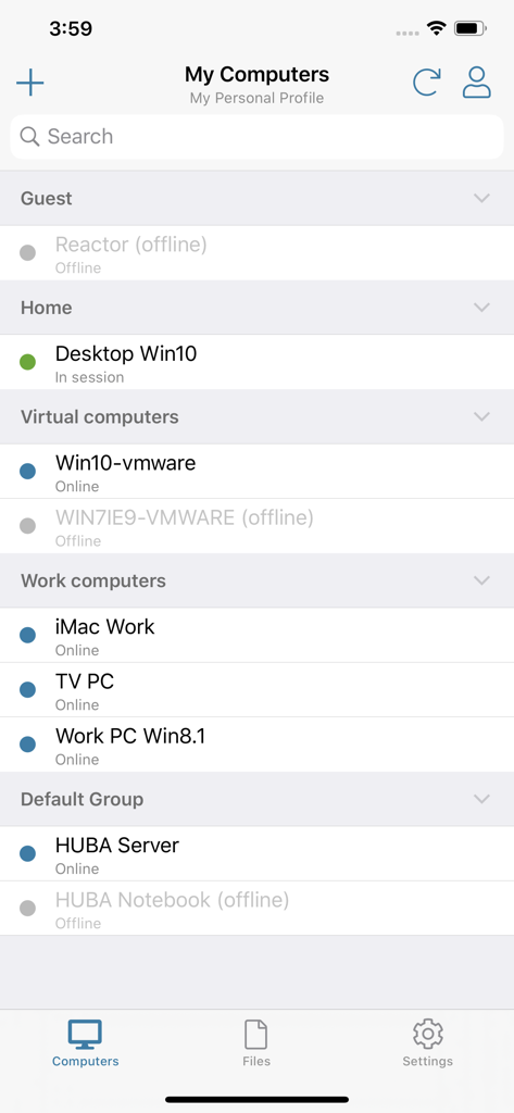A list of remote computers categorized by groups like Home and Work showing their online or offline status in the LogMeIn Pro app.