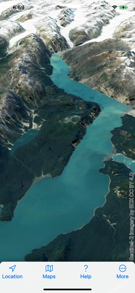 Topo Maps 2 - A 3D satellite view of snow capped mountains and a glacier fjord in the Topo Maps 2 mobile app interface