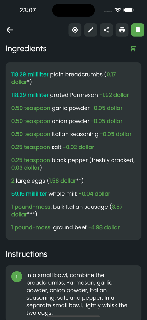 Detailed recipe view in the Only Recipe app showing a list of ingredients with estimated costs and cooking instructions in dark mode