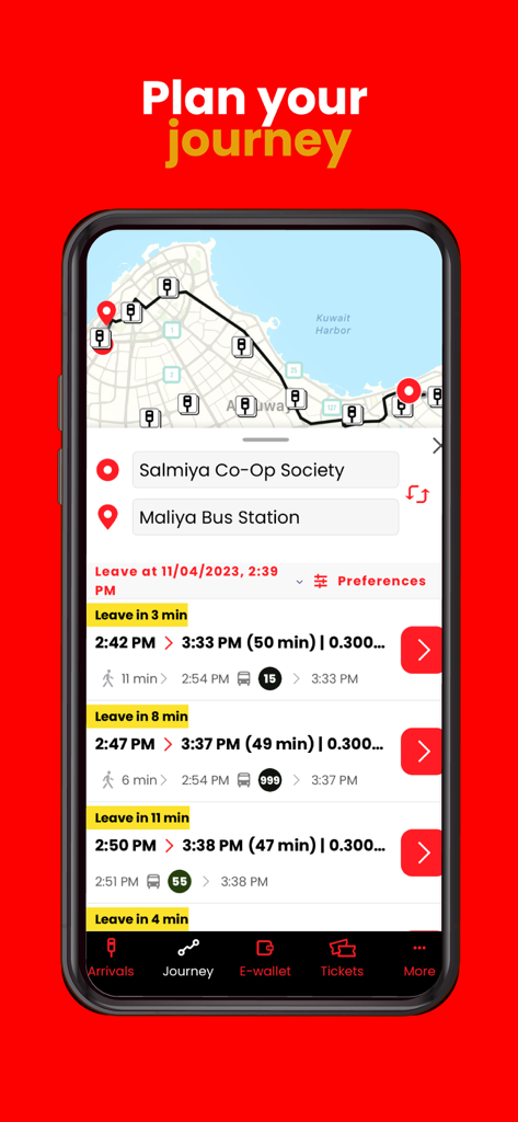 Citybuskw mobile app screen showing the journey planner with a map of Kuwait and bus route options including departure times and trip duration