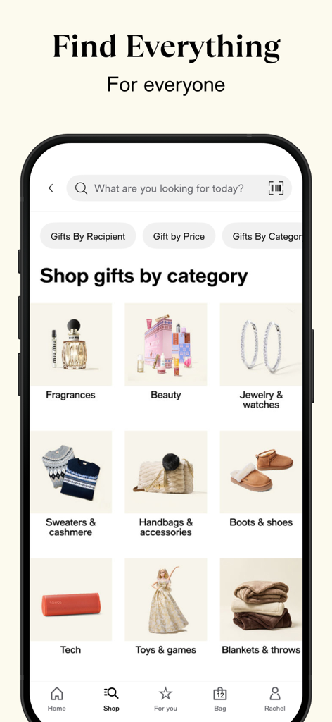 Macy's: Online Shopping & Save - Macy's app screen displaying gift shopping categories like beauty, jewelry, and toys