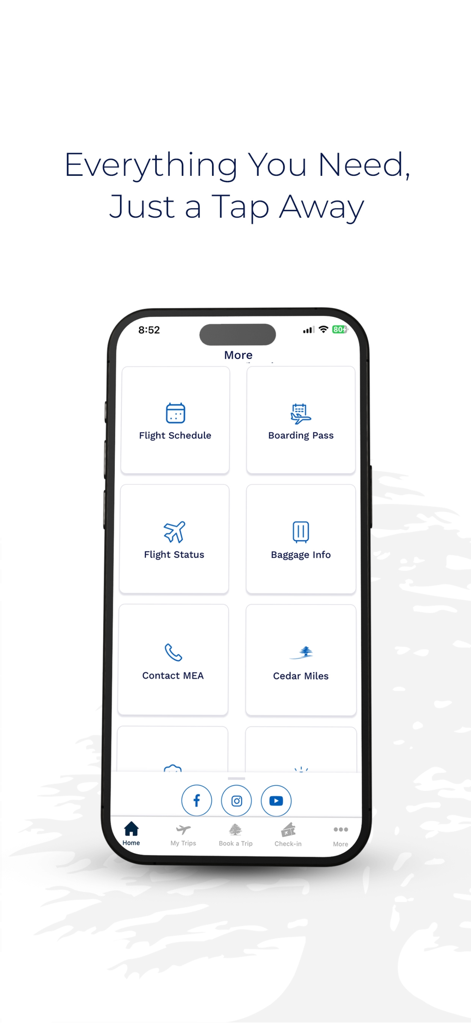 Middle East Airlines - MEA - The More menu of the MEA app showing travel features like flight schedule boarding pass and cedar miles