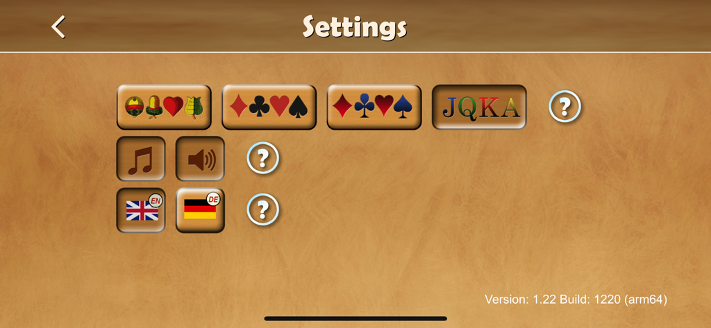 Oh Hell Online - Settings screen for Oh Hell Online with customization options for card decks, sound, and language.