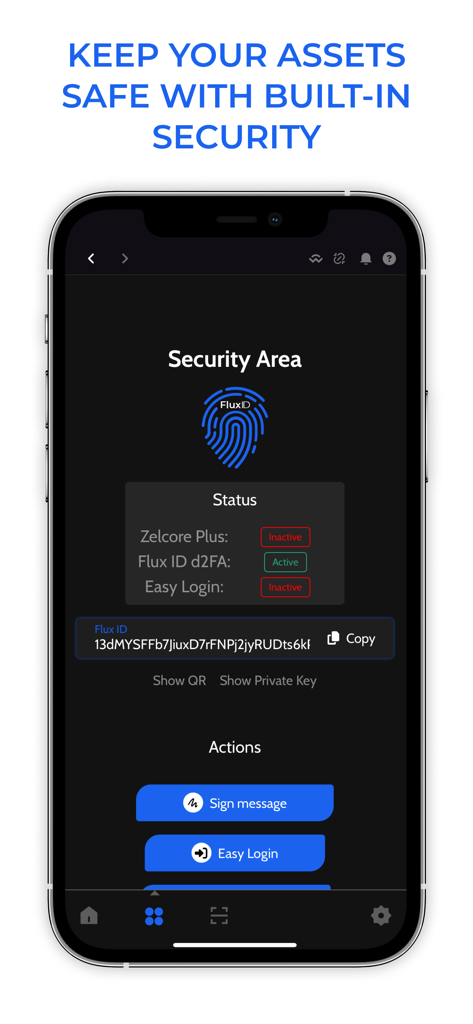ZelCore - Pantalla de seguridad de la aplicación ZelCore mostrando FluxID y autenticación de dos factores activa