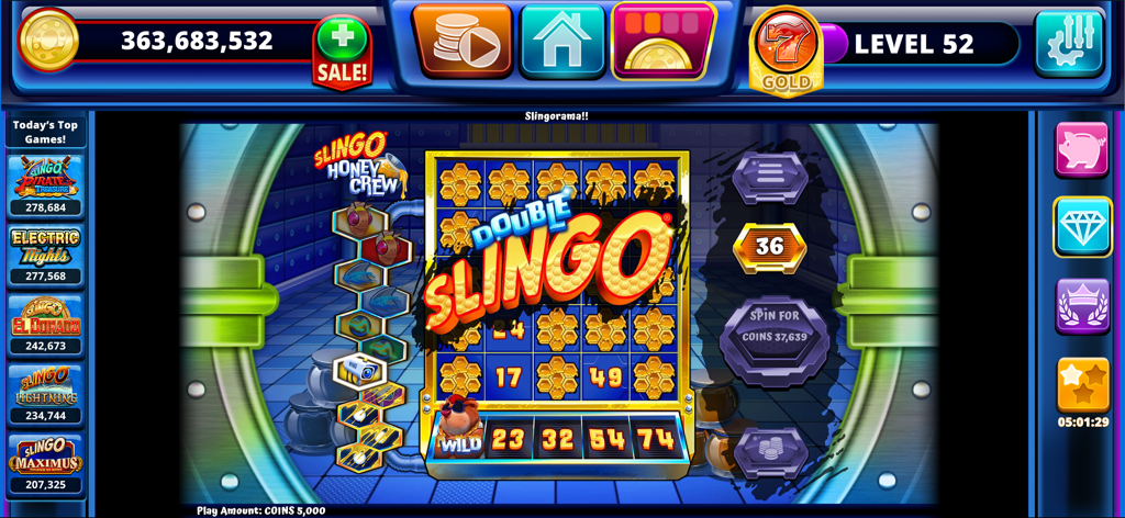 Gameplay screen of Slingo Arcade showing a Double Slingo win in the Honey Crew theme