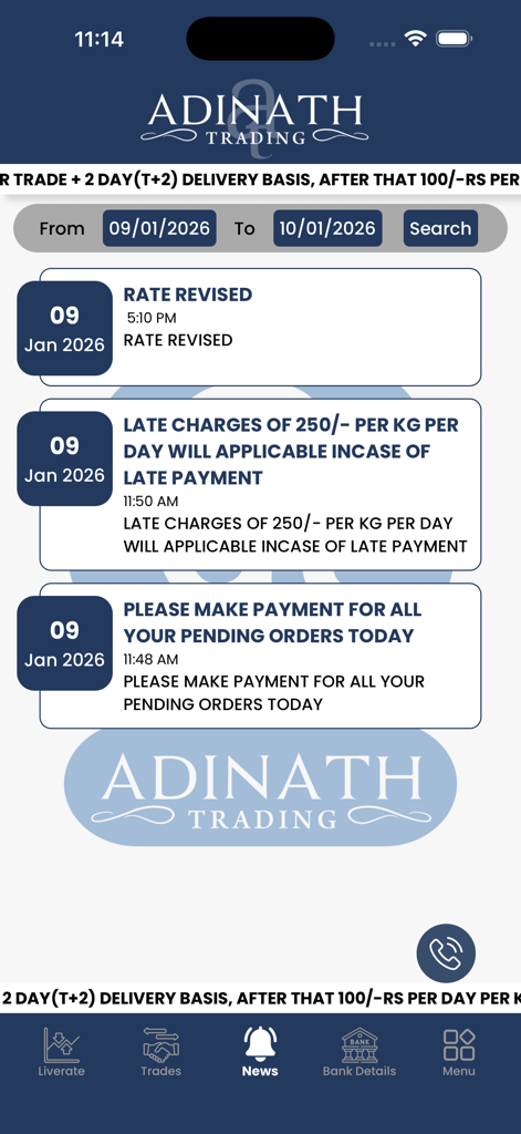 Adinath Jewellers - Adinath Jewellers app news screen showing market updates and trading notifications.