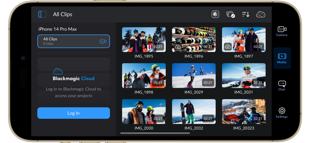 Interface of the Blackmagic Camera app showing a library of video clips and the Blackmagic Cloud login screen