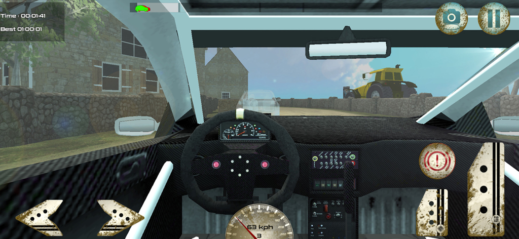 Dirt Rally Drive Simulator - Cockpit view of a rally car dashboard and steering wheel in a racing simulator.