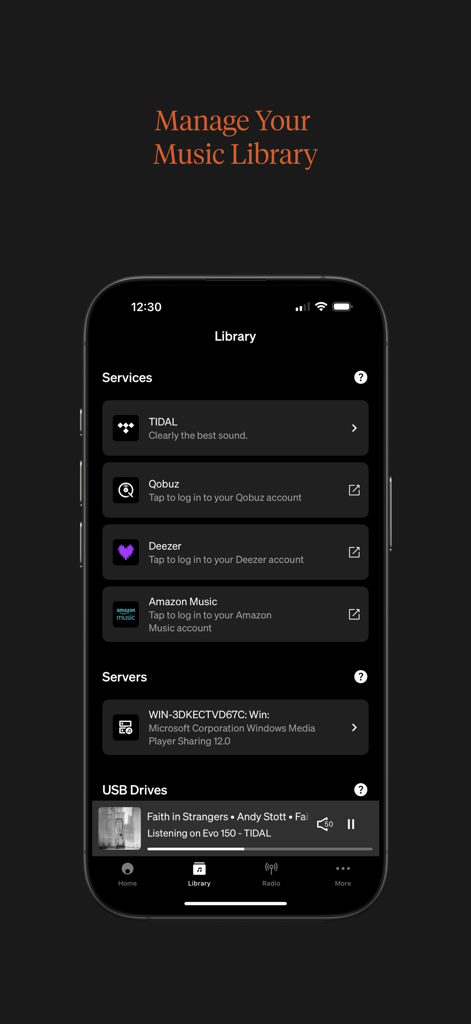StreamMagic by Cambridge Audio - Écran de la bibliothèque de l'application StreamMagic affichant les services de streaming intégrés et les serveurs du réseau local