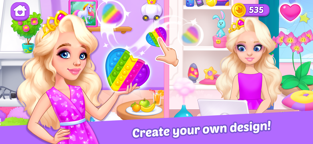 Doll Dream house! Life games! - A blonde doll character in a colorful room holding a rainbow heart pop it toy with the text Create your own design