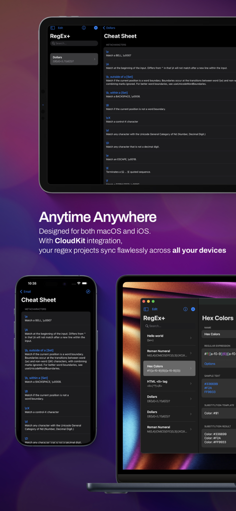 Aplicación RegEx plus sincronizada en iPhone, iPad y MacBook