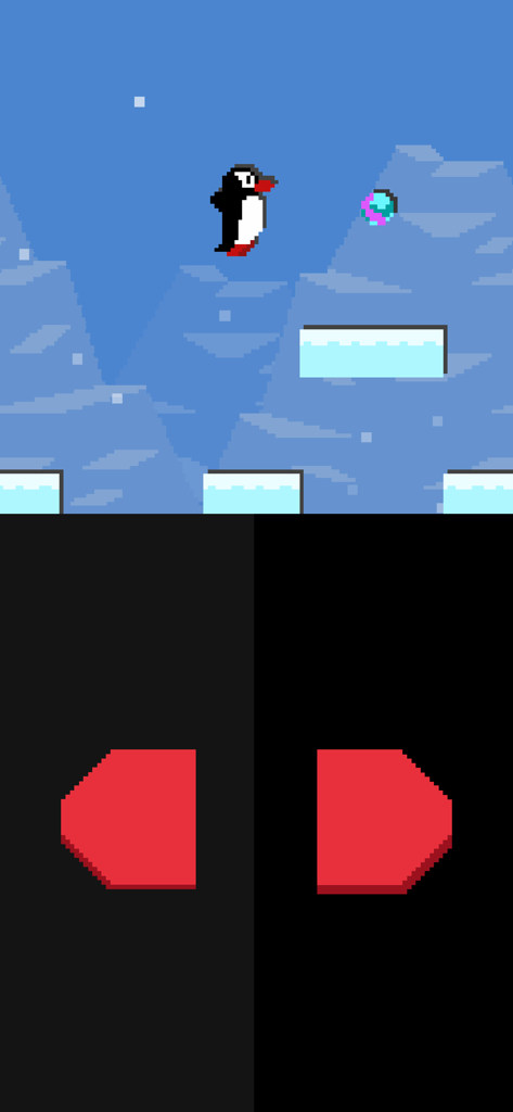 pureya - Pixel art penguin jumping on ice platforms to collect a marble in a two button arcade minigame