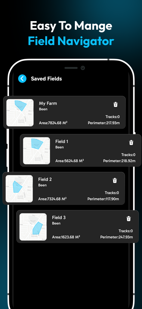 Field Navigator : Land Measure - Lista de mediciones de terreno guardadas que muestran área y perímetro en la aplicación Field Navigator