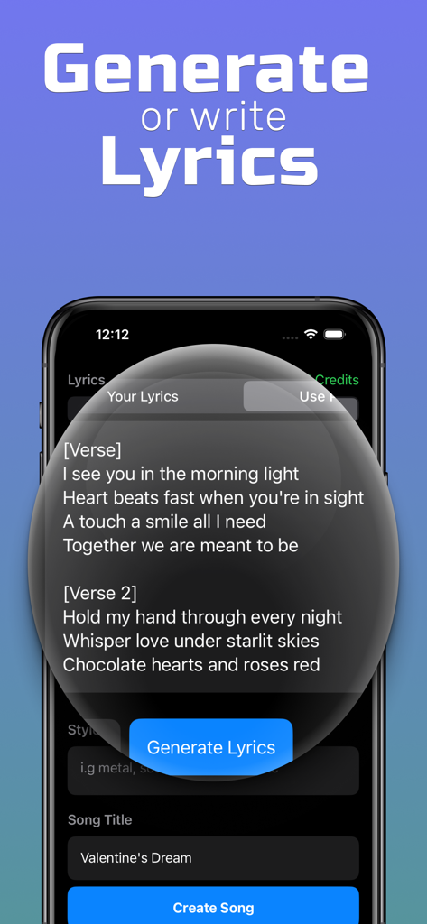 Interface de l'application AI Song montrant la fonction de générateur de paroles dynamiques pour créer des paroles de chansons