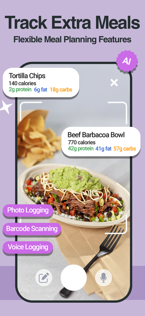 AI photo logging and meal tracking interface in The Weight Gain App