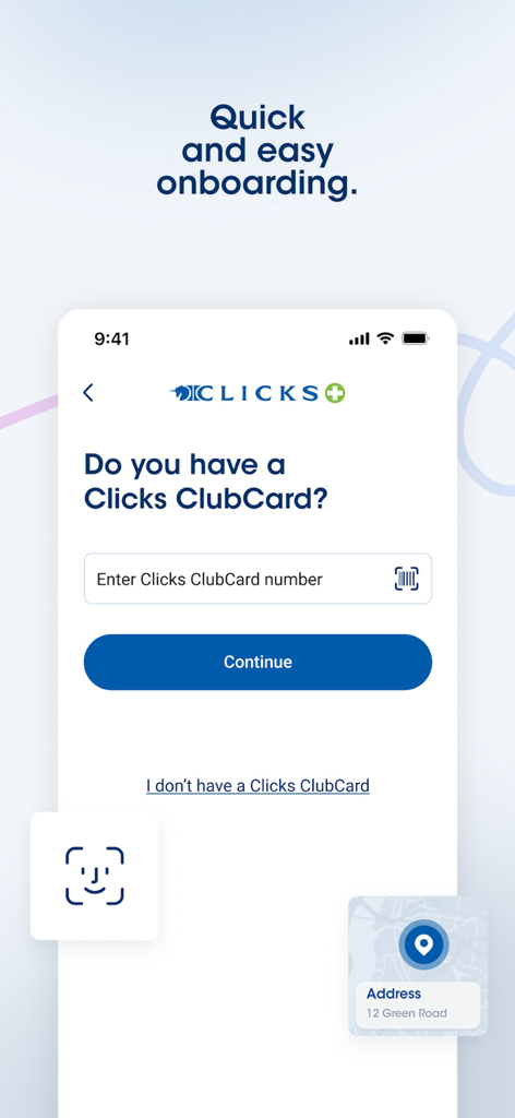 ClubCardのサインインおよび登録プロセスを示すClicksアプリのオンボーディング画面
