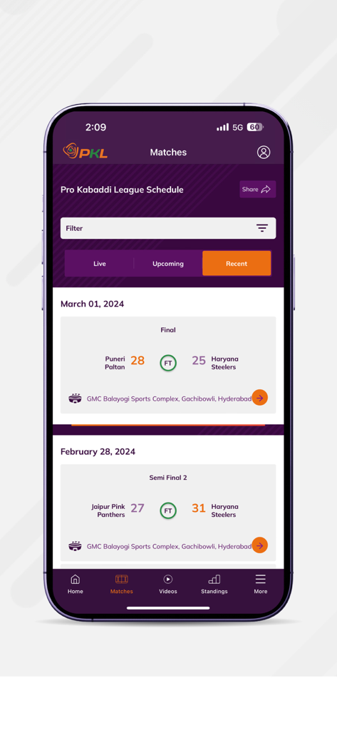 Pro Kabaddi Official App - Pro Kabaddi Official App display of match schedule and recent game results