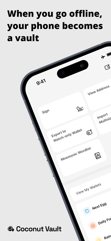 Coconut Vault: Bitcoin Signer - iPhone-Bildschirm mit der Coconut Vault App-Oberfläche, die Optionen für Offline-Bitcoin-Signierung und sichere Vault-Verwaltung anzeigt