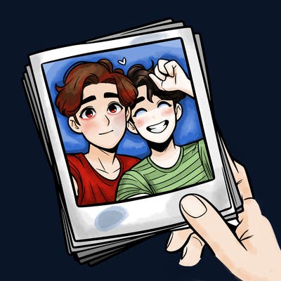 realistic, best friends taking a polaroid picture