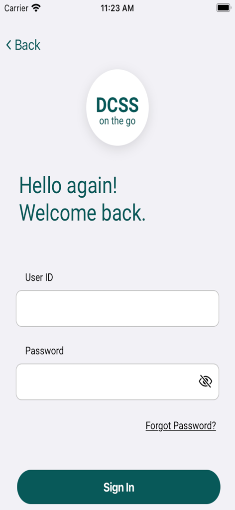 GA DCSS - Login screen for the Georgia DCSS mobile app featuring user ID and password input fields