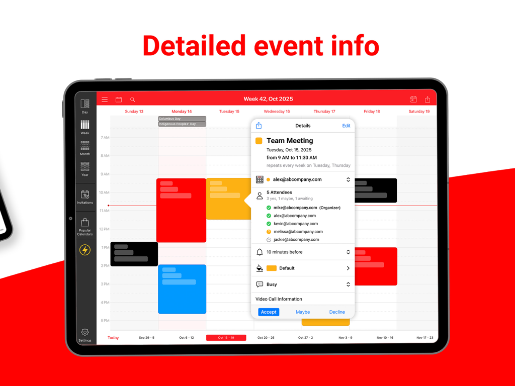 WeekCal für iPad zeigt detaillierte Veranstaltungsdaten und eine Teilnehmerliste für ein Teammeeting in einer farblich kodierten Kalenderansicht