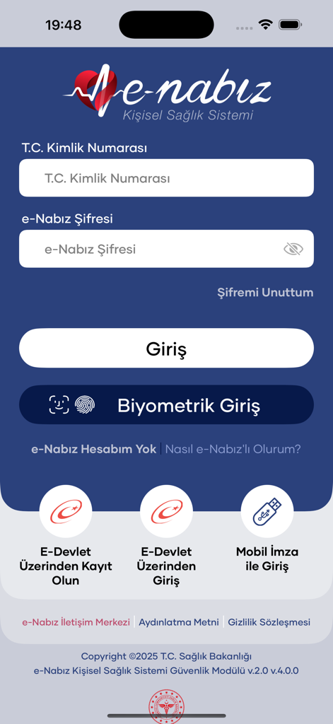 Anmeldebildschirm des e-Nabiz persönlichen Gesundheitssystems mit Eingabefeldern für die türkische ID-Nummer und das Passwort