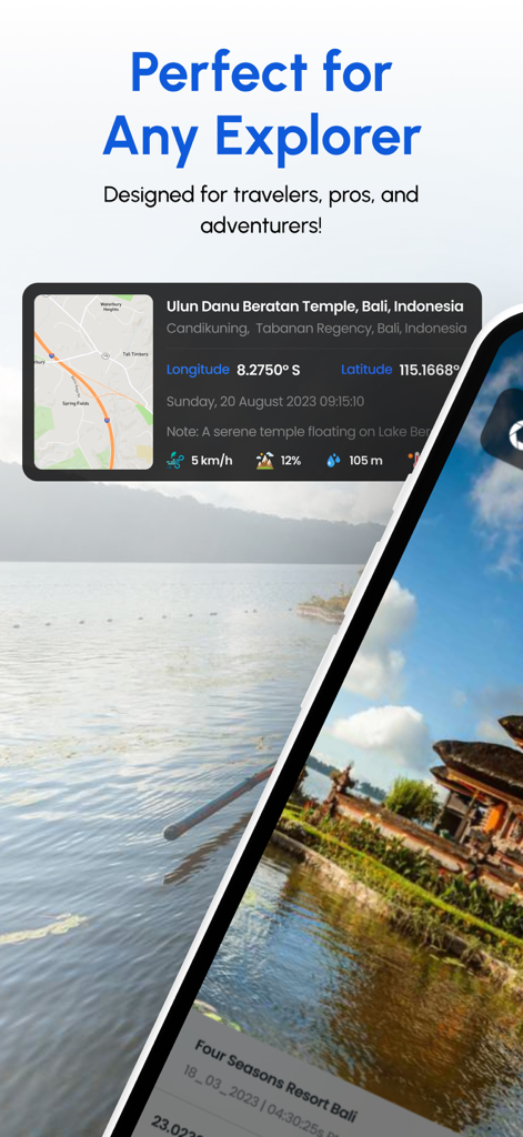 GPS Map Camera & Video Capture - Interface of GPS Map Camera app displaying geographic coordinates and map on a scenic photo