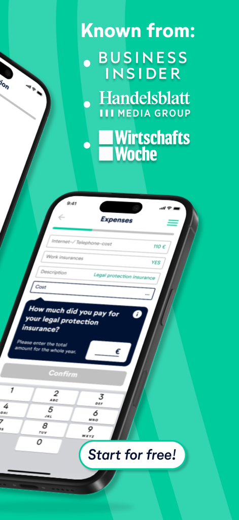 The wundertax mobile app interface showing how to enter expenses for a German tax return in English.