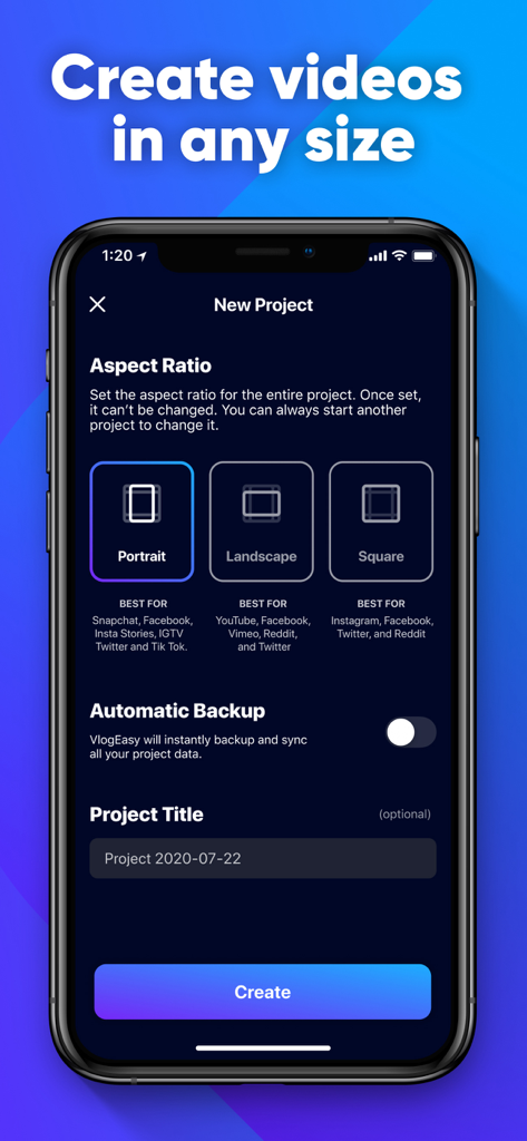 Interface of VideoEasy app showing options to choose between Portrait, Landscape, and Square aspect ratios for a new video project.
