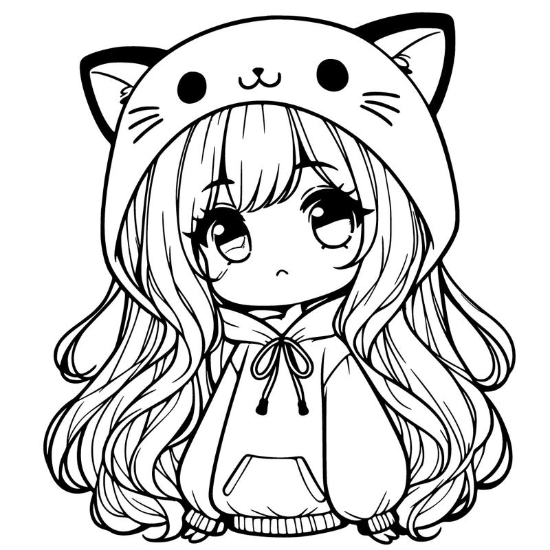 a cute chibi girl with a oversized cat hoodie and long hair