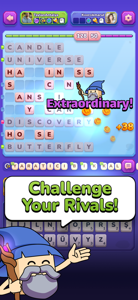 WordMe mobile game interface showing a word puzzle match between two players with a wizard character mascot.