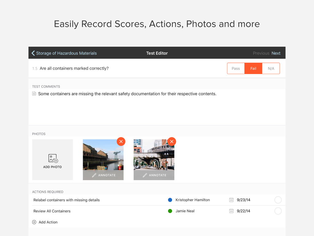 Checklist Inspector app screen displaying test scoring comments and photo annotations