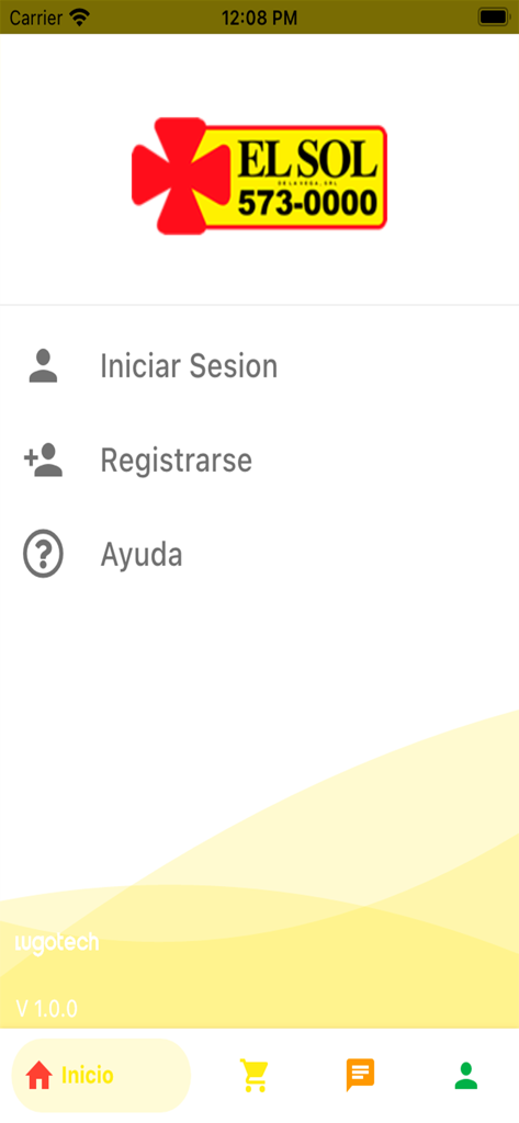 Home screen of the Farmacias El Sol app showing options for login registration and help