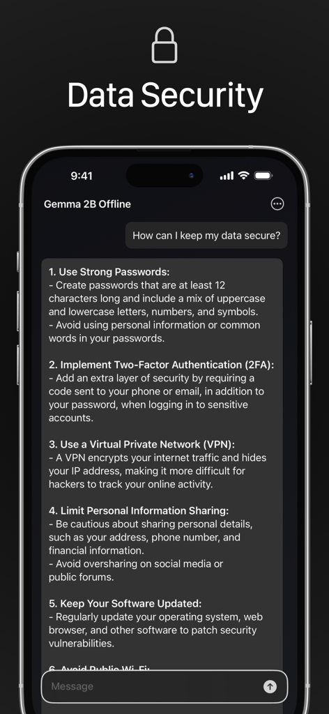 Gemma 2B AI Chat - Offline LLM - Gemma 2B AI Chat interface displaying data security recommendations.