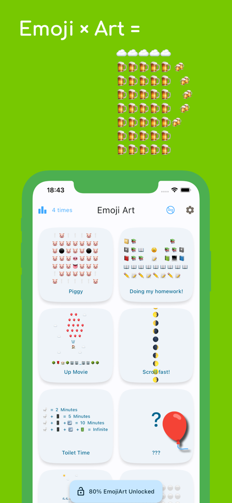 Emoji Art: Copy, Paste Designs - Interfaz de la aplicación Arte Emoji mostrando una galería de diseños para copiar y pegar, incluyendo Piggy y la película Up.