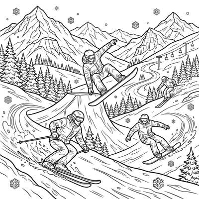 Dive into the thrilling world of winter sports with this action-packed coloring page featuring skiers and snowboarders. Capture the excitement of mountain adventures, fresh powder, and graceful glides as you bring this dynamic scene to life with your favorite colors.