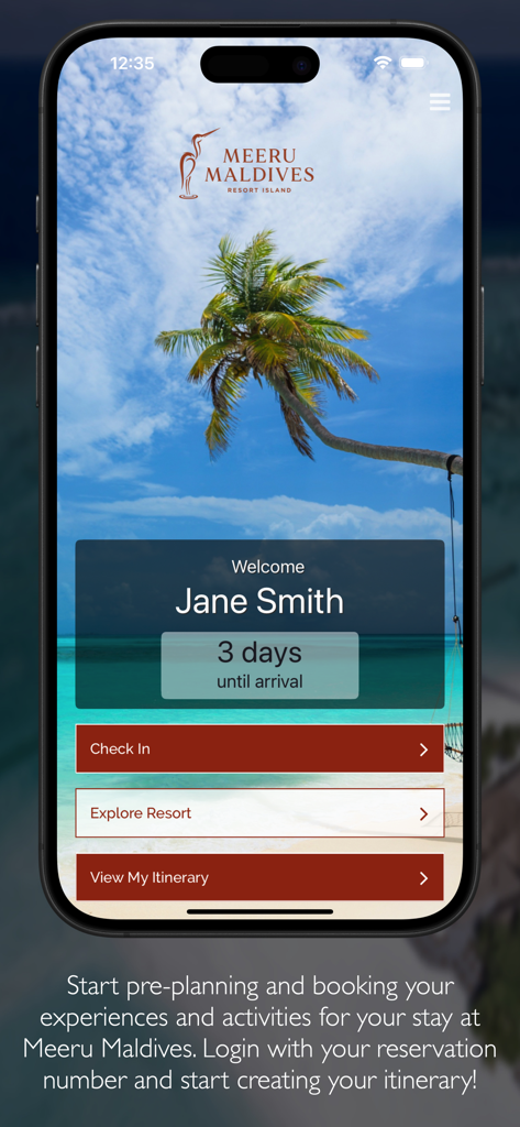 MeeruMaldives - Meeru Maldives app interface showing a welcome screen with a 3-day countdown until arrival, and options for check-in and itinerary planning.