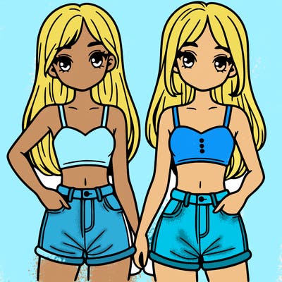 two sisters with crop tops and jean shorts and straight hair