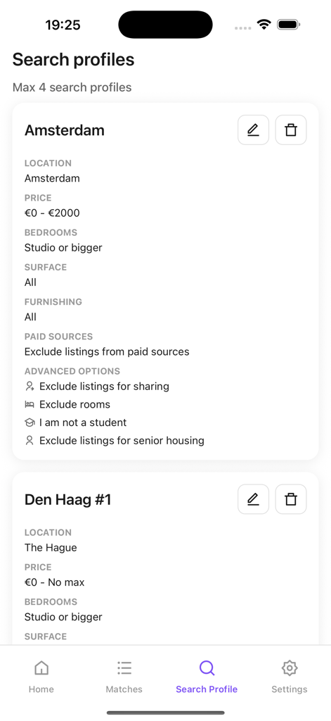 RentSlam - RentSlam app interface displaying customizable search profiles with filters for location price and housing preferences