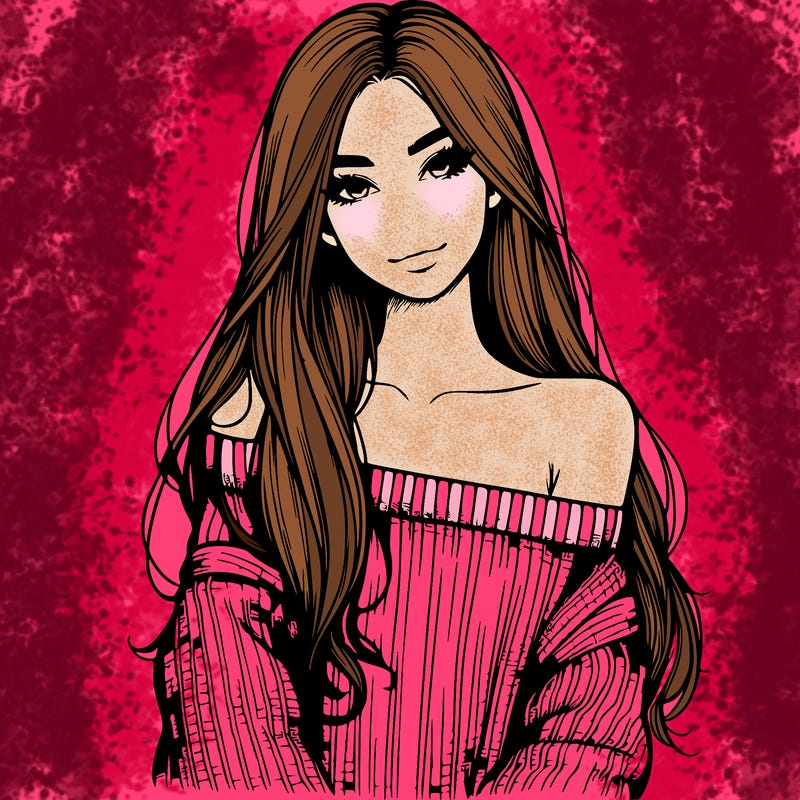 realistic girl with long hair wearing an off the shoulder sweater