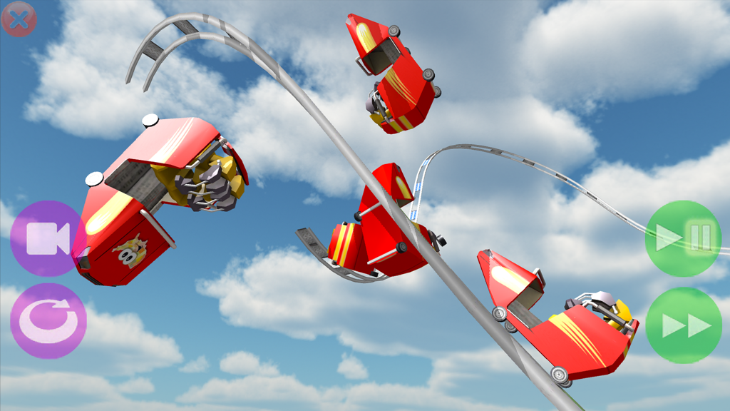 Off the Rails® - Auto da montagna russa rosse che navigano su un tracciato tortuoso contro un cielo blu con nuvole bianche in un simulatore di fisica 3D.