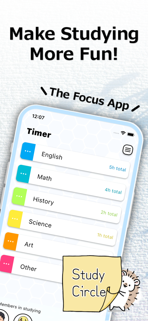 Study Circle 앱 인터페이스에 영어, 수학 등 과목과 총 공부 시간이 표시된 다채로운 공부 타이머가 표시됩니다.