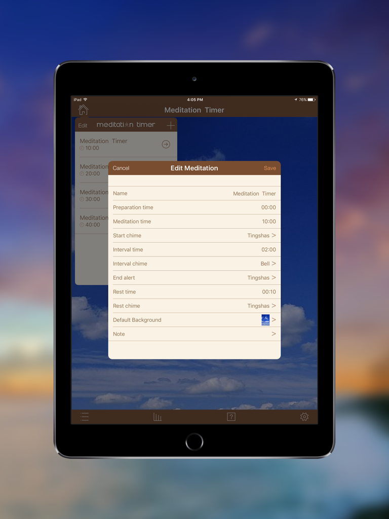 Meditation Timer Pro for iPad app screen showing the Edit Meditation settings menu with custom time and chime options.
