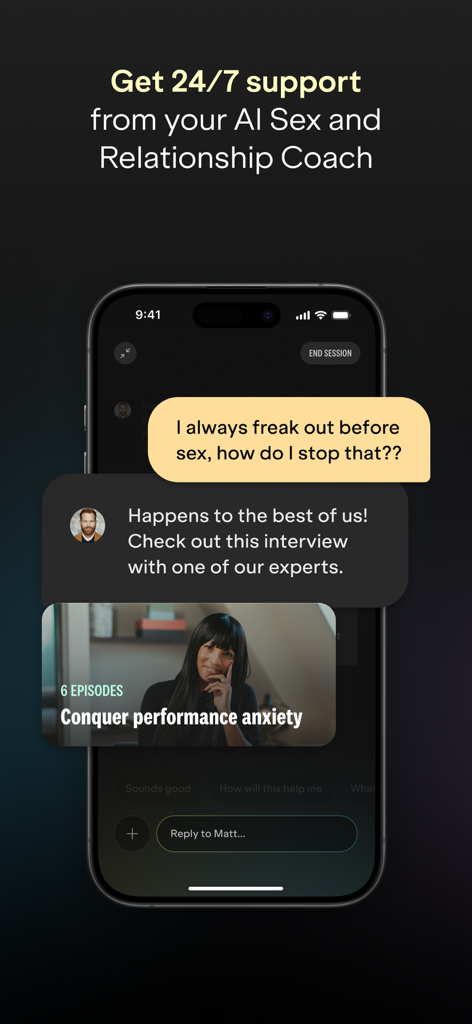 Smartphone screen showing Mojo app chat with an AI coach discussing performance anxiety