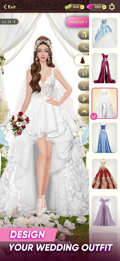 A bridal character in a white wedding dress with a selection of gowns in a dress up game interface