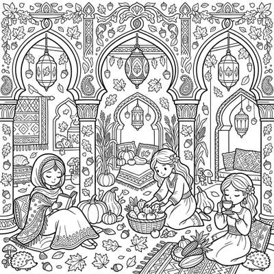 Step into a world of serene beauty with this autumn-themed Harem Quarters coloring page. Discover intricate details, harvest decorations, and a cozy atmosphere perfect for a relaxing creative escape.