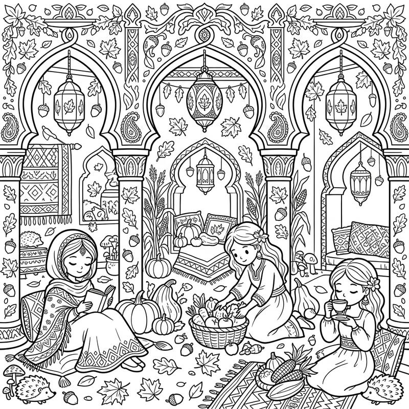 Step into a world of serene beauty with this autumn-themed Harem Quarters coloring page. Discover intricate details, harvest decorations, and a cozy atmosphere perfect for a relaxing creative escape.